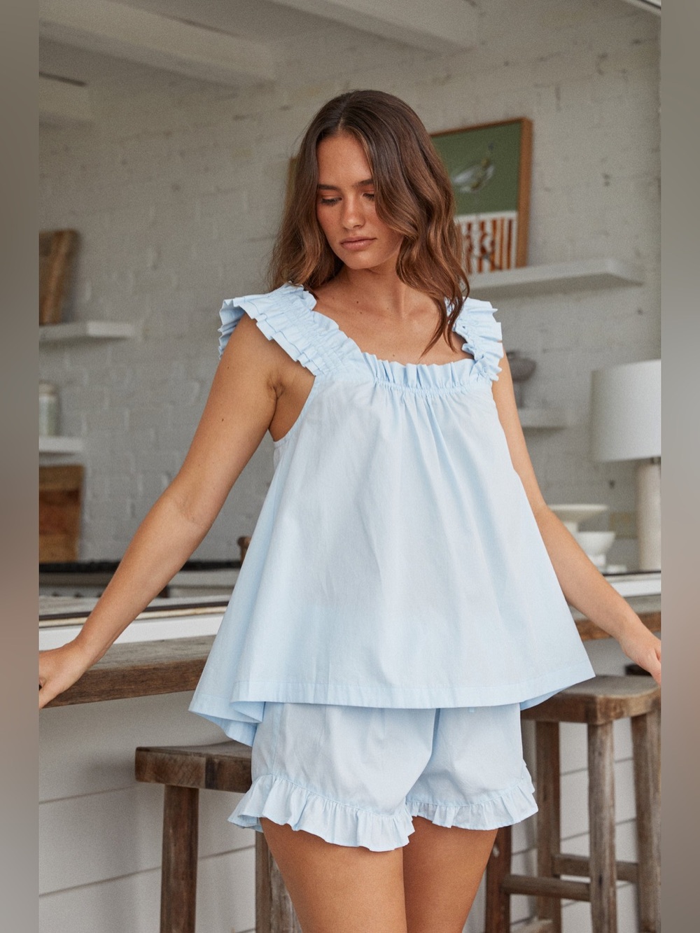 Piyama Light Blue Ruffle Strap cotton Tank Top small poplin coquette cottage - Picture 6 of 6